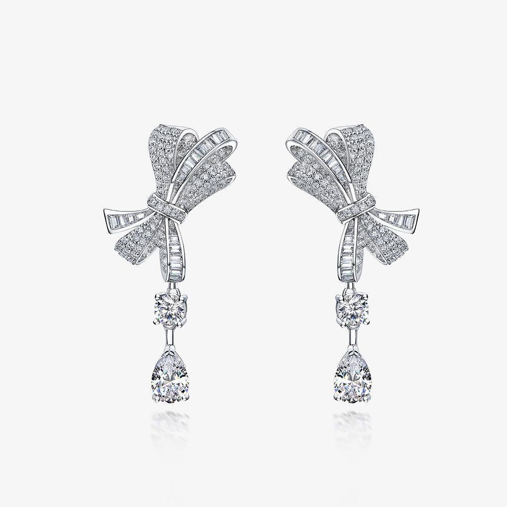 S925 silver bow-shaped stud earrings, 1 carat drop, 6*9 luxurious full diamond jewelry set