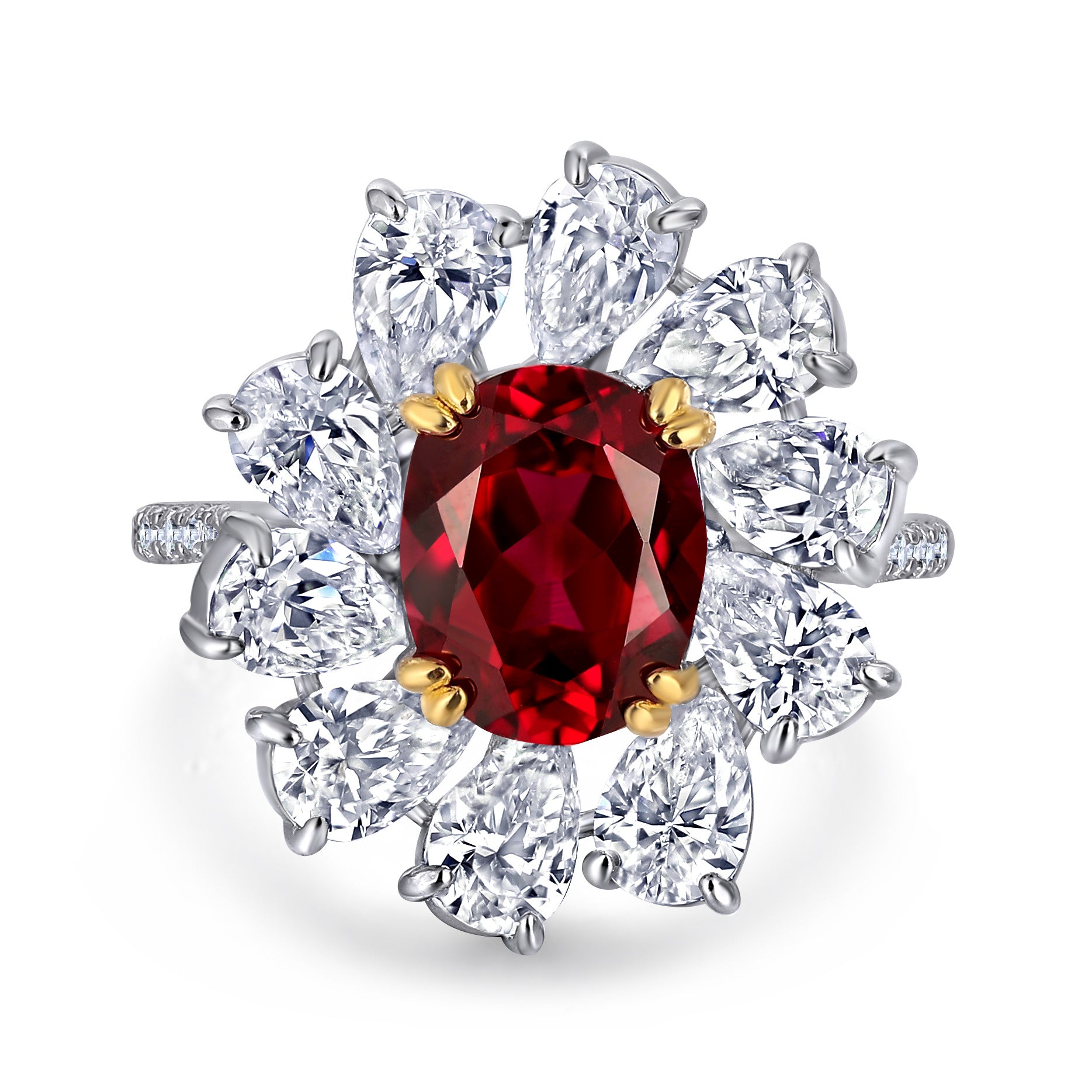 S925 sterling silver gemstone ring for women, vintage teardrop shape, luxurious surround setting, pigeon blood red spinel, zircon, diamond