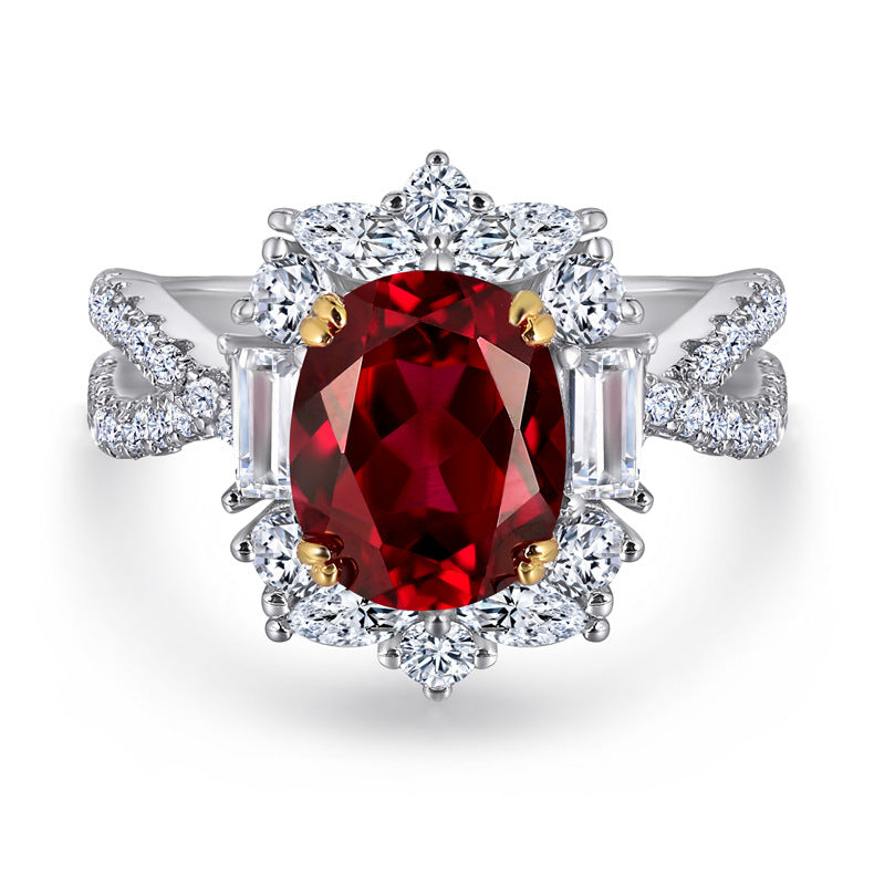 New S925 pure silver flower-shaped high-carat diamond ruby ring for women, oval-shaped gemstone accessory