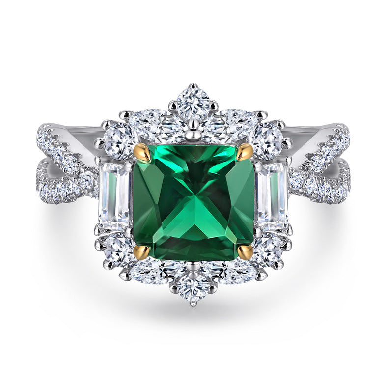 New S925 pure silver flower-shaped high-carat diamond emerald gemstone ring for women, oval-shaped precious stones