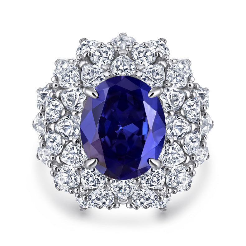 New S925 pure silver flower-shaped high-carat diamond and sapphire ring for women, oval-shaped gemstone accessory