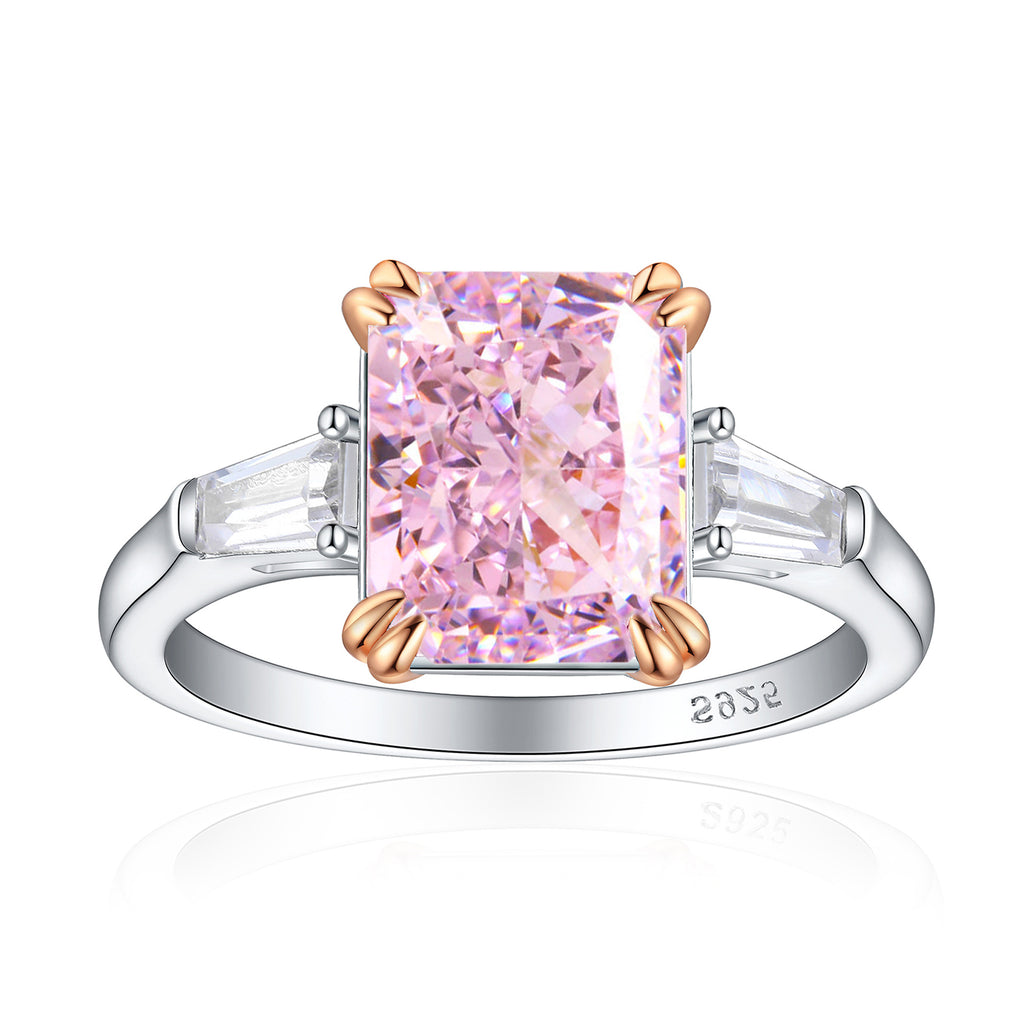 New S925 pure silver flower-shaped high-carat diamond and sapphire ring for women, rectangular-shaped precious gemstone.