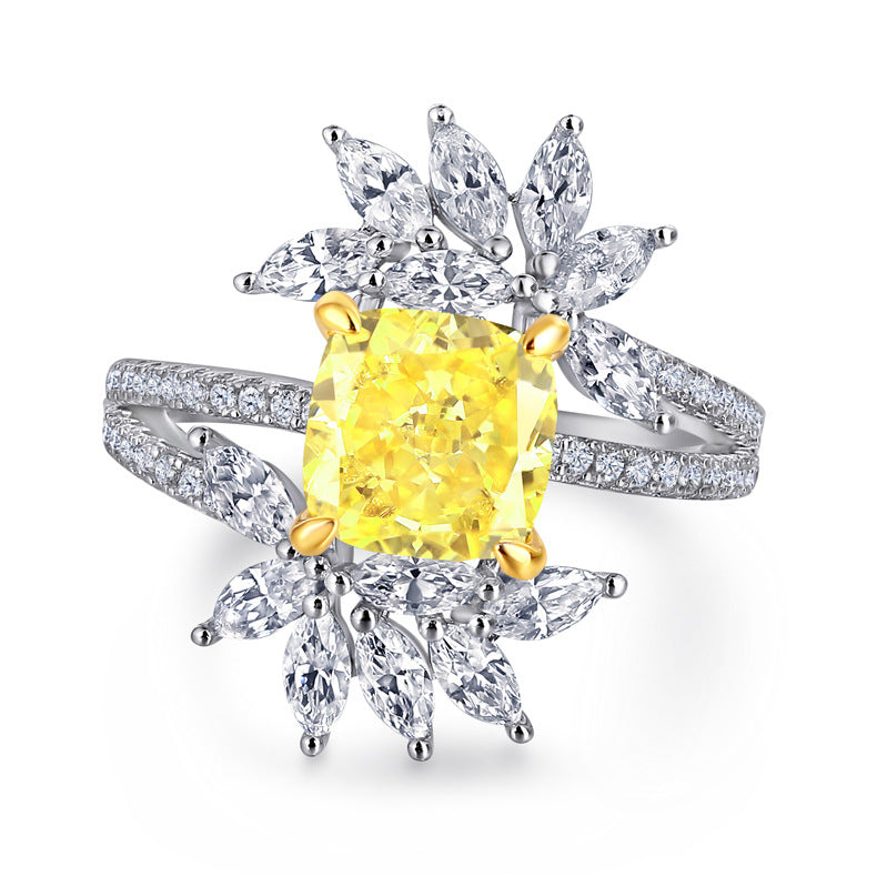 New S925 pure silver flower-shaped high-carat diamond row ring with gemstones - women's square-shaped colored gemstone ring
