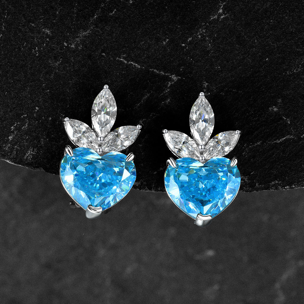 New 925 silver jewelry - 10-carat heart-shaped aquamarine - 10*12mm - No ear hole - Ear clip earrings for women