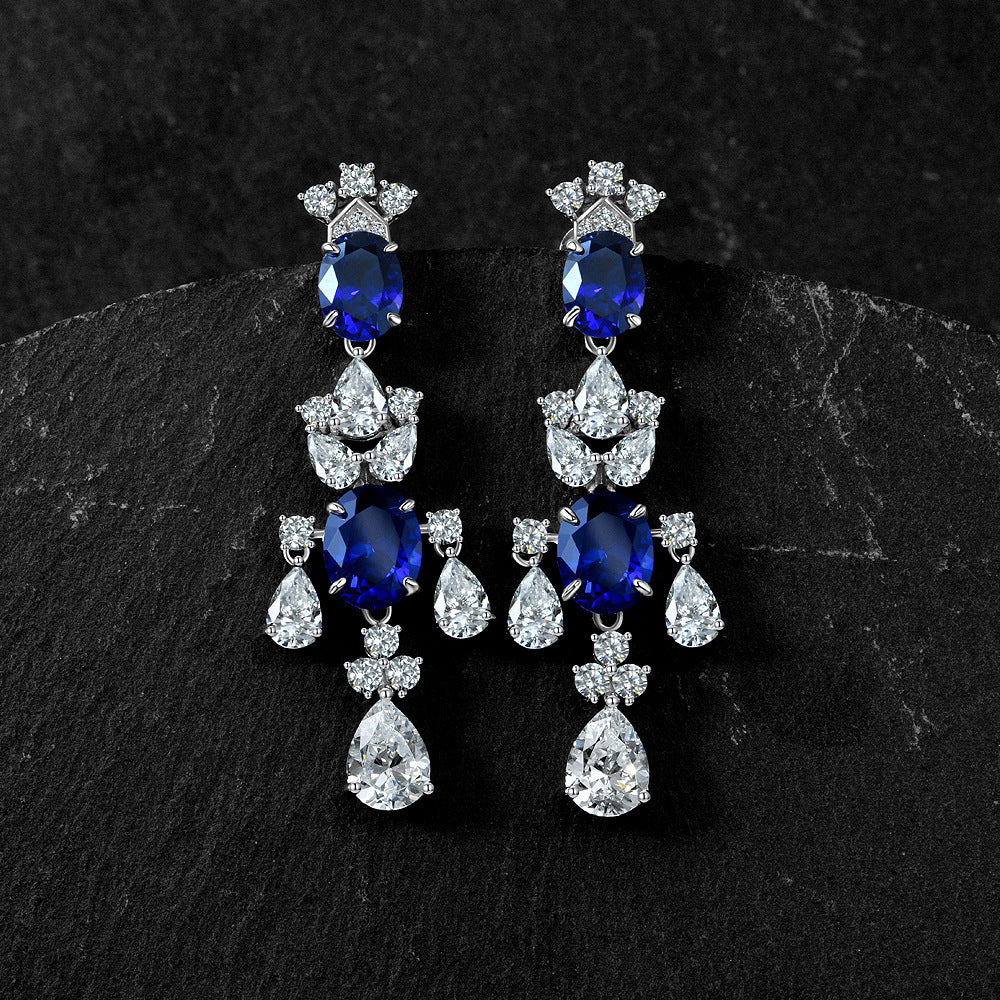 High-end jewelry egg-shaped 3-carat cultivated sapphire 7*9 earrings - long style, European-style luxurious and high-end earrings for women