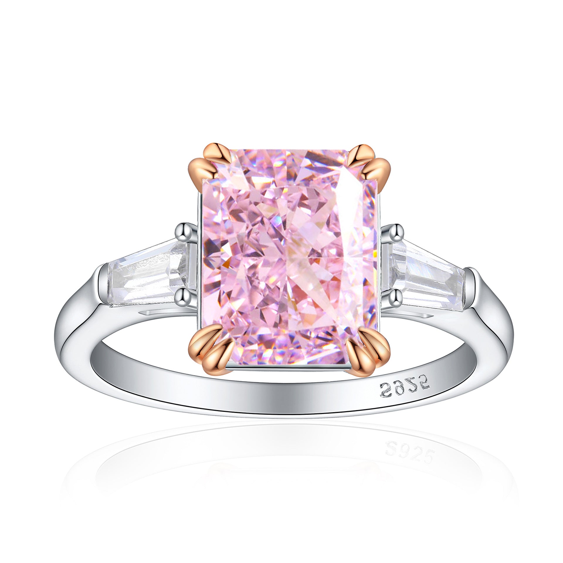 New S925 pure silver flower-shaped high-carat diamond and sapphire ring for women, rectangular-shaped precious gemstone.