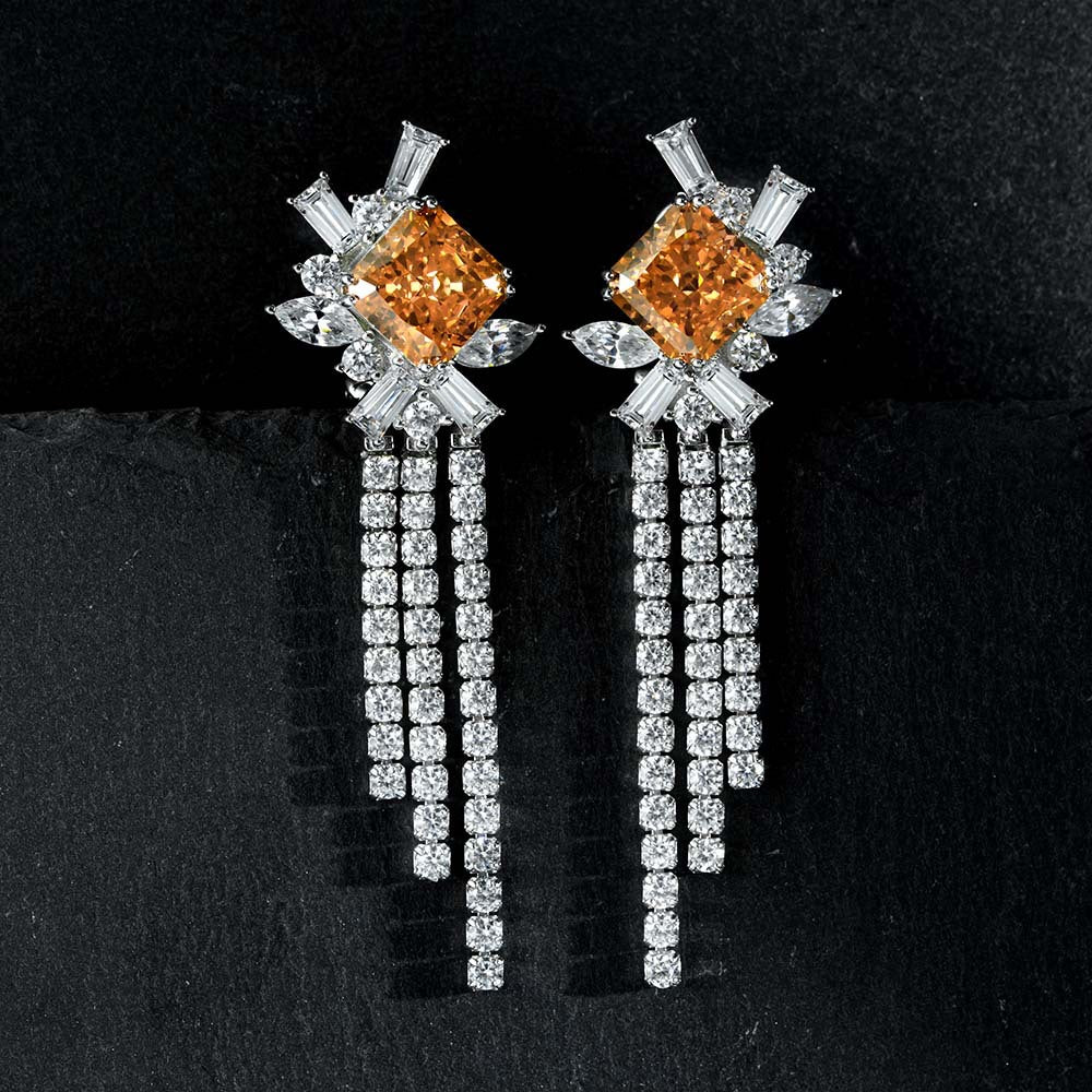 High-end jewelry long tassel earrings made of 925 silver, 5ct rose and orange diamonds, 10*10 ice flower cut high-carat diamonds, women's earrings