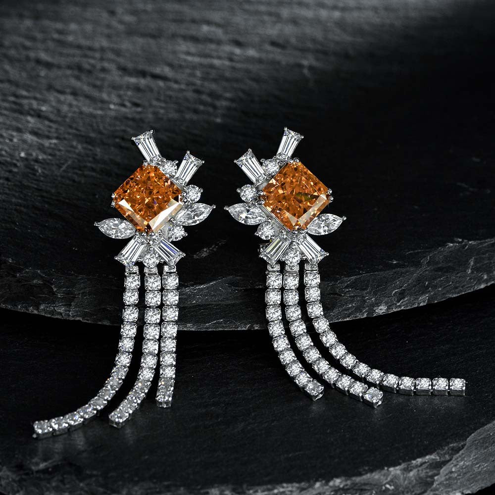 High-end jewelry long tassel earrings made of 925 silver, 5ct rose and orange diamonds, 10*10 ice flower cut high-carat diamonds, women's earrings