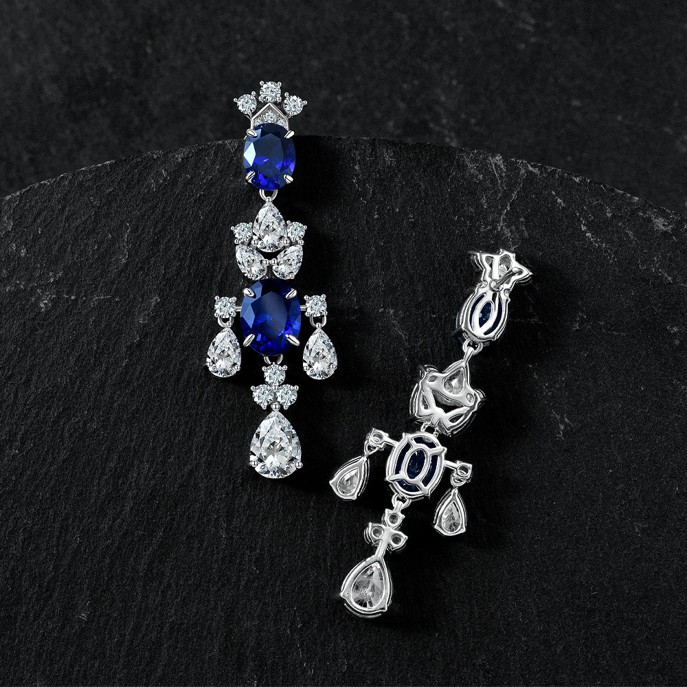 High-end jewelry egg-shaped 3-carat cultivated sapphire 7*9 earrings - long style, European-style luxurious and high-end earrings for women