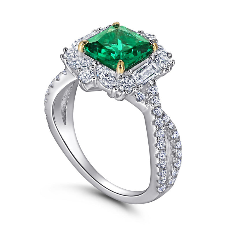 New S925 pure silver flower-shaped high-carat diamond emerald gemstone ring for women, oval-shaped precious stones