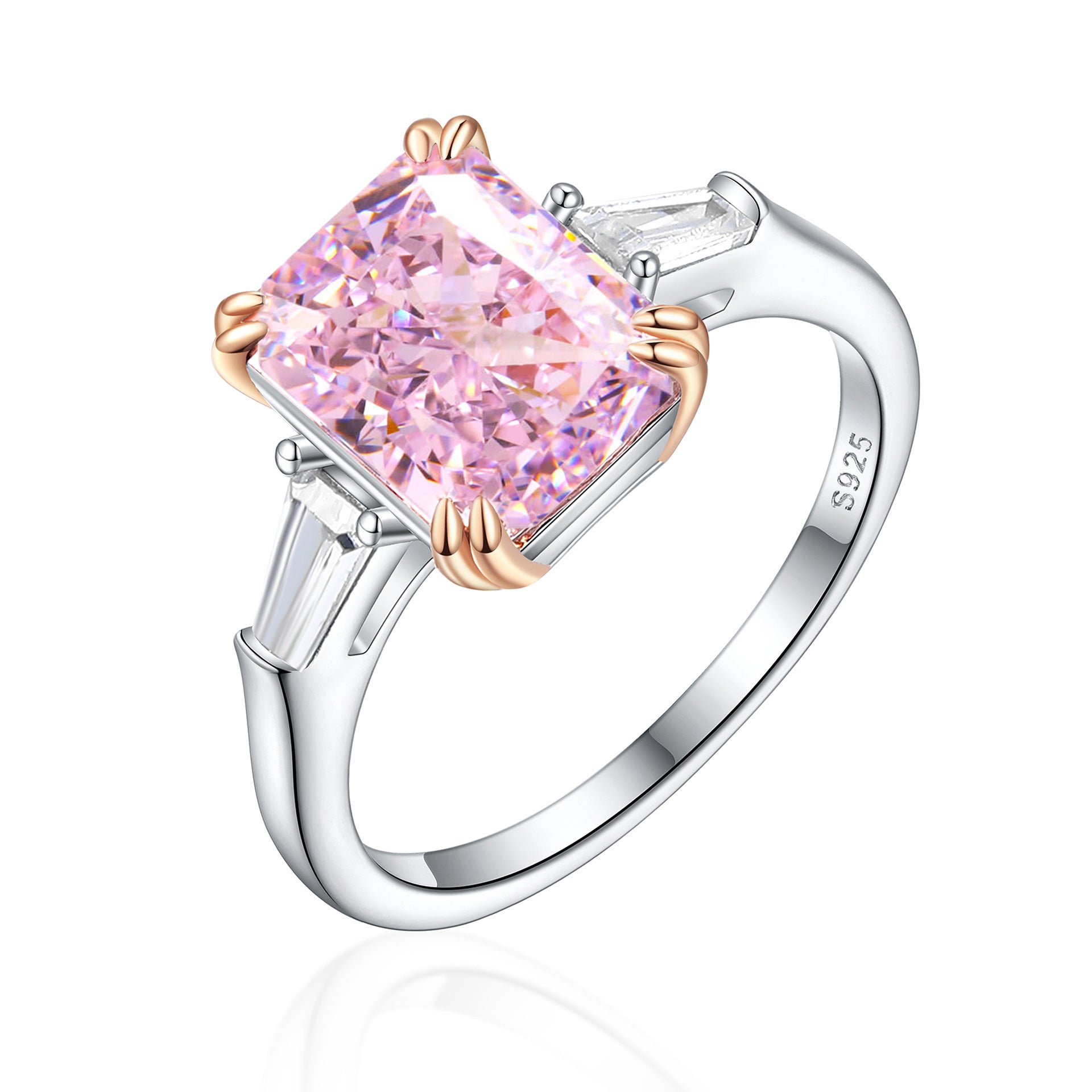 New S925 pure silver flower-shaped high-carat diamond and sapphire ring for women, rectangular-shaped precious gemstone.