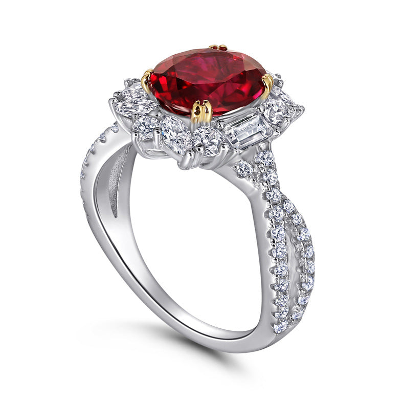 New S925 pure silver flower-shaped high-carat diamond ruby ring for women, oval-shaped gemstone accessory