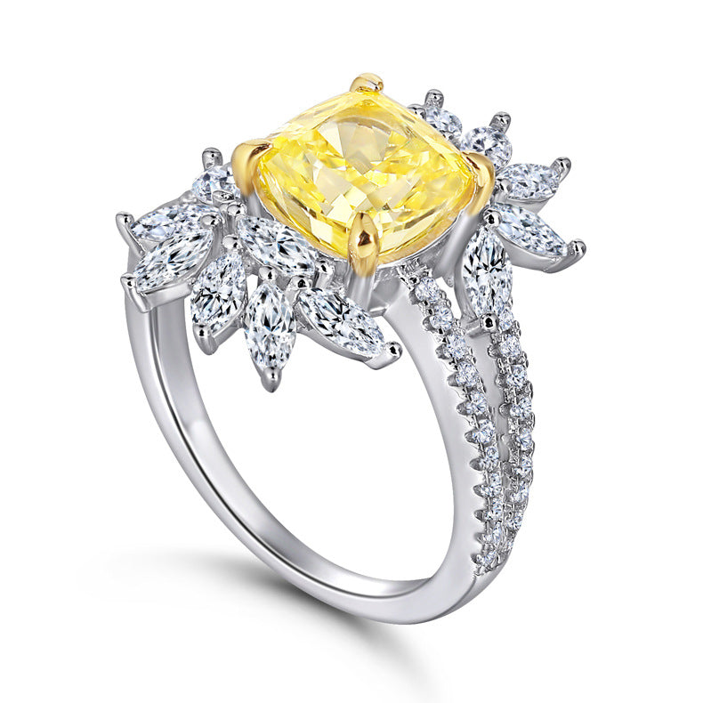 New S925 pure silver flower-shaped high-carat diamond row ring with gemstones - women's square-shaped colored gemstone ring