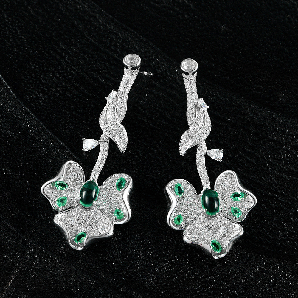 925 sterling silver 4*6mm cultivated emerald flower-shaped 0.8ct high-end women's earrings