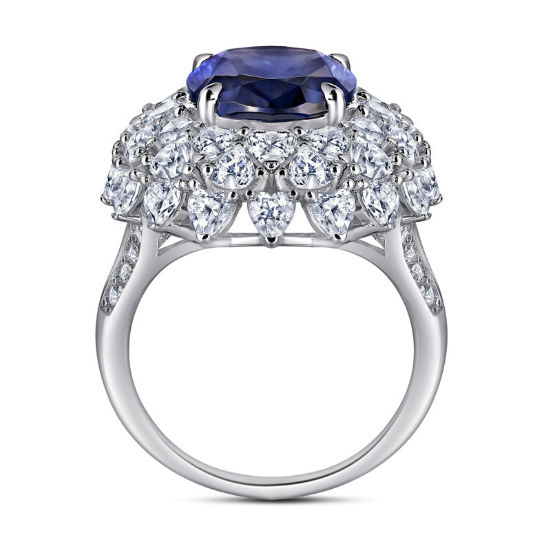 New S925 pure silver flower-shaped high-carat diamond and sapphire ring for women, oval-shaped gemstone accessory