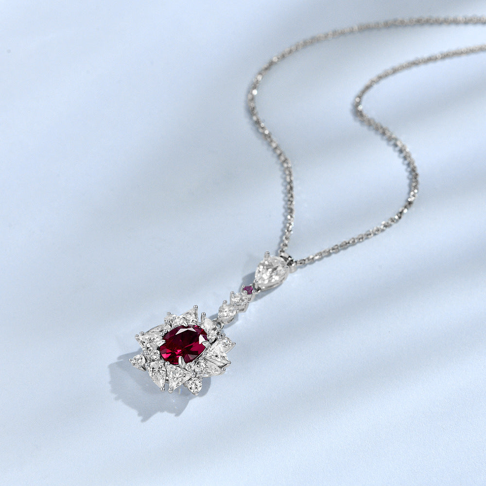 925 sterling silver 4.5ct egg-shaped 7*9 cultivated ruby pendant luxury necklace
