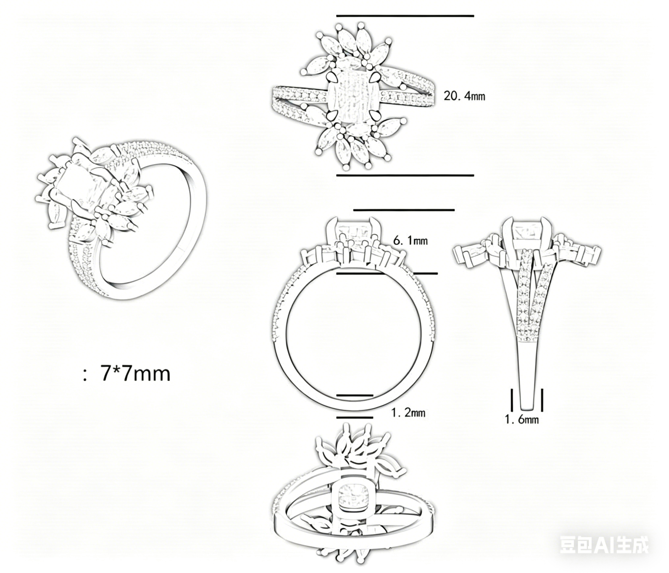 New S925 pure silver flower-shaped high-carat diamond row ring with gemstones - women's square-shaped colored gemstone ring