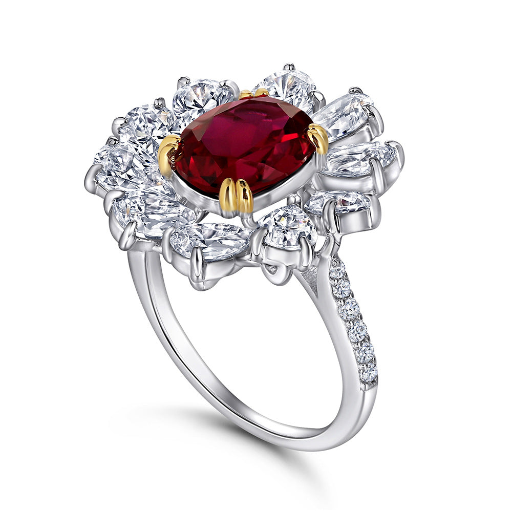 S925 sterling silver gemstone ring for women, vintage teardrop shape, luxurious surround setting, pigeon blood red spinel, zircon, diamond