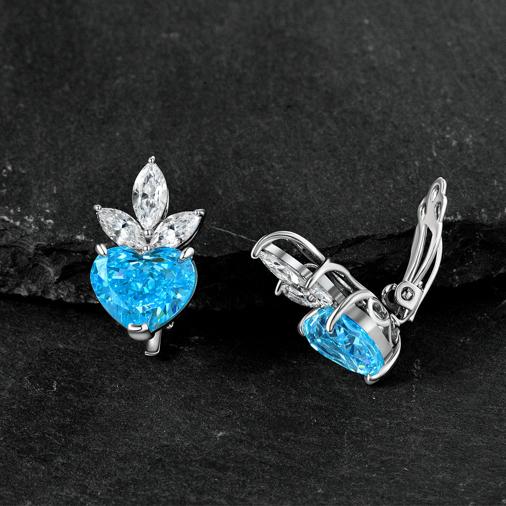 New 925 silver jewelry - 10-carat heart-shaped aquamarine - 10*12mm - No ear hole - Ear clip earrings for women