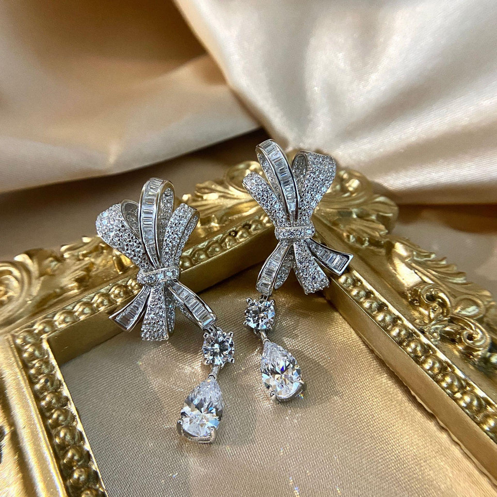 S925 silver bow-shaped stud earrings, 1 carat drop, 6*9 luxurious full diamond jewelry set
