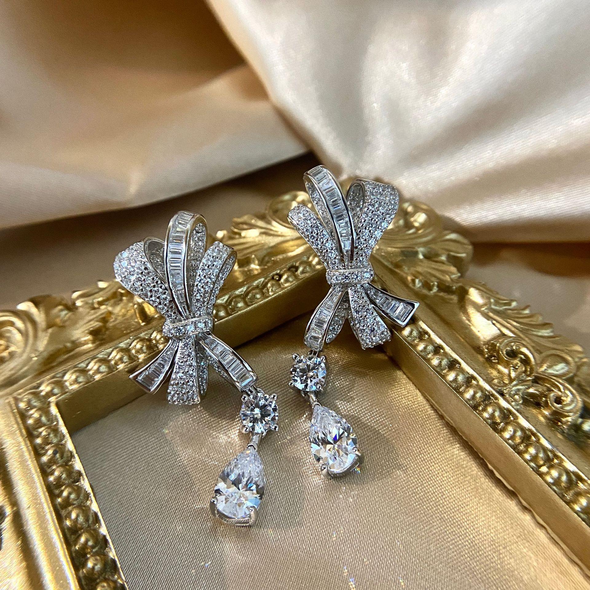 S925 silver bow-shaped stud earrings, 1 carat drop, 6*9 luxurious full diamond jewelry set