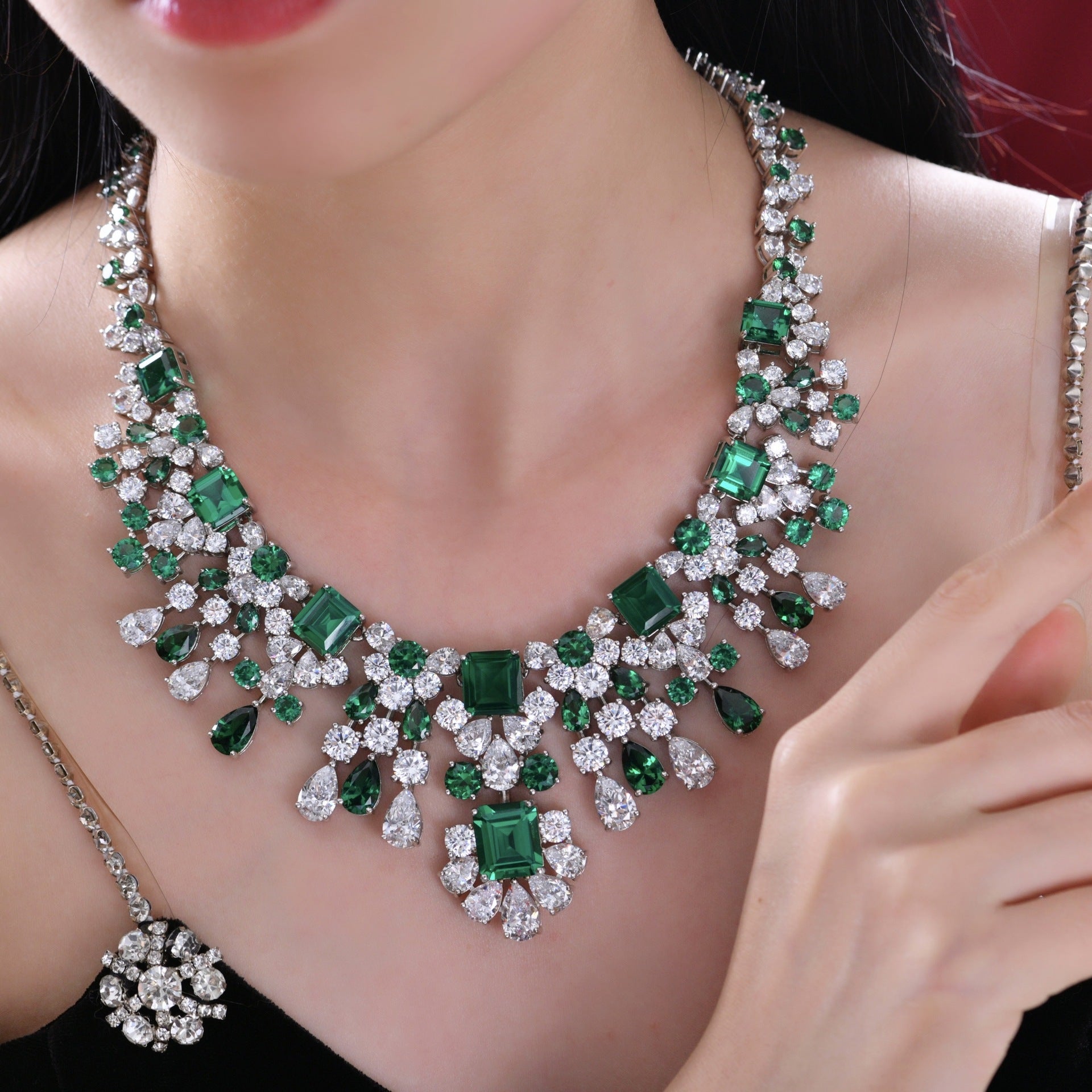 925 pure silver luxury emerald evening dress necklace