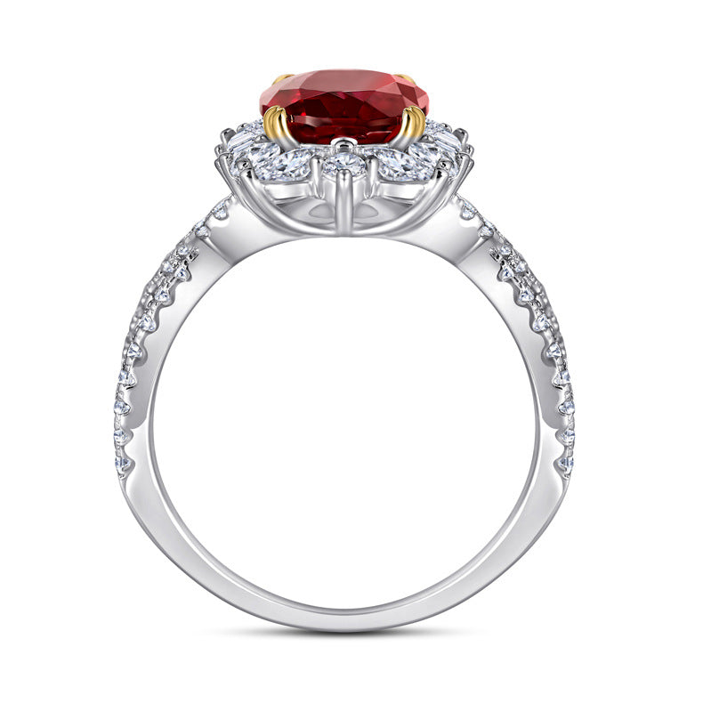 New S925 pure silver flower-shaped high-carat diamond ruby ring for women, oval-shaped gemstone accessory