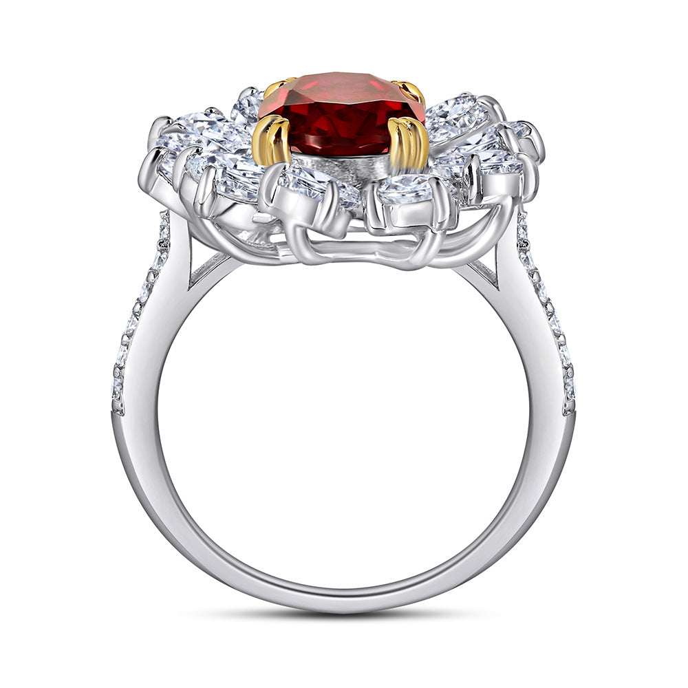 S925 sterling silver gemstone ring for women, vintage teardrop shape, luxurious surround setting, pigeon blood red spinel, zircon, diamond