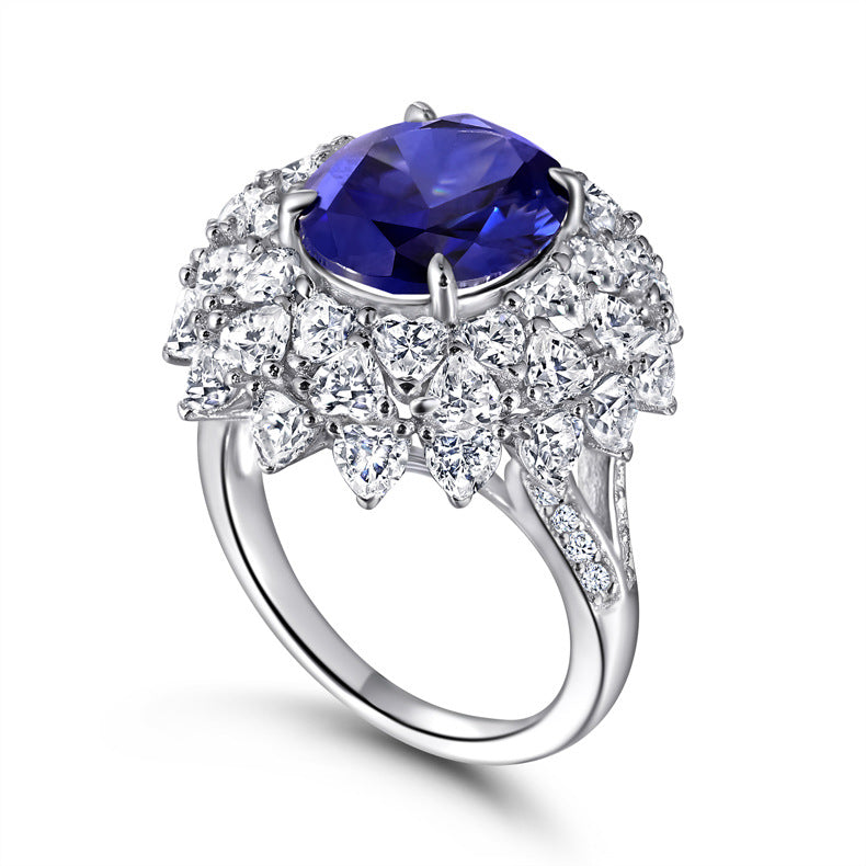 New S925 pure silver flower-shaped high-carat diamond and sapphire ring for women, oval-shaped gemstone accessory