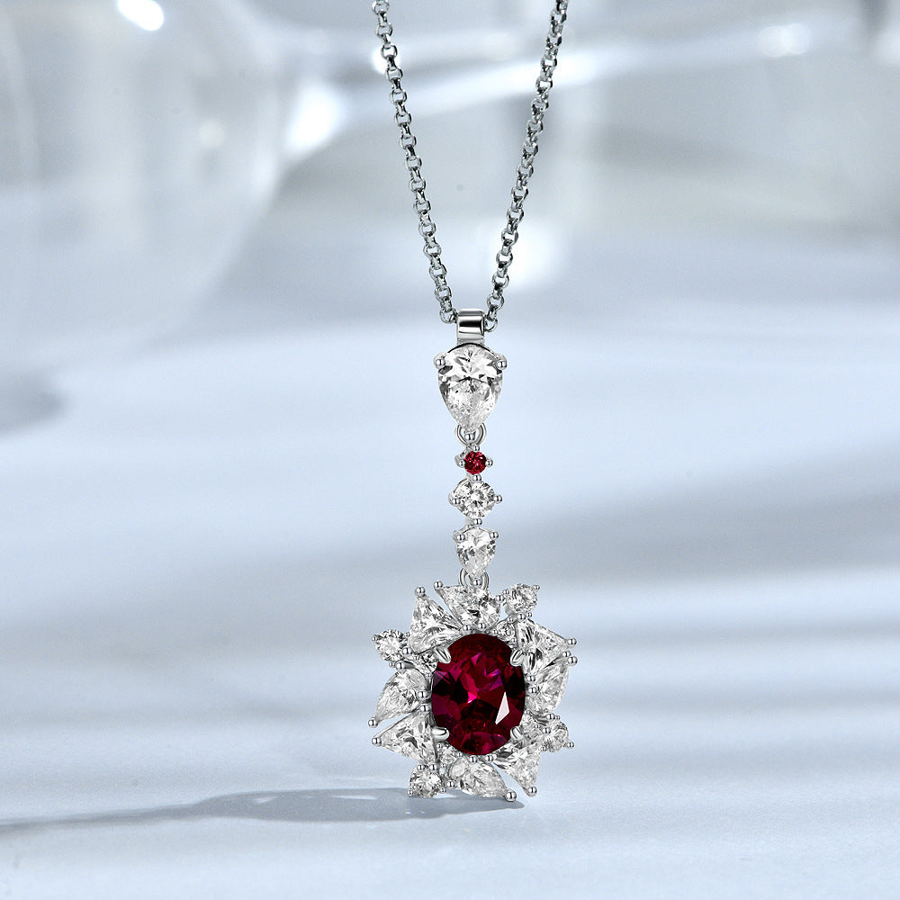 925 sterling silver 4.5ct egg-shaped 7*9 cultivated ruby pendant luxury necklace