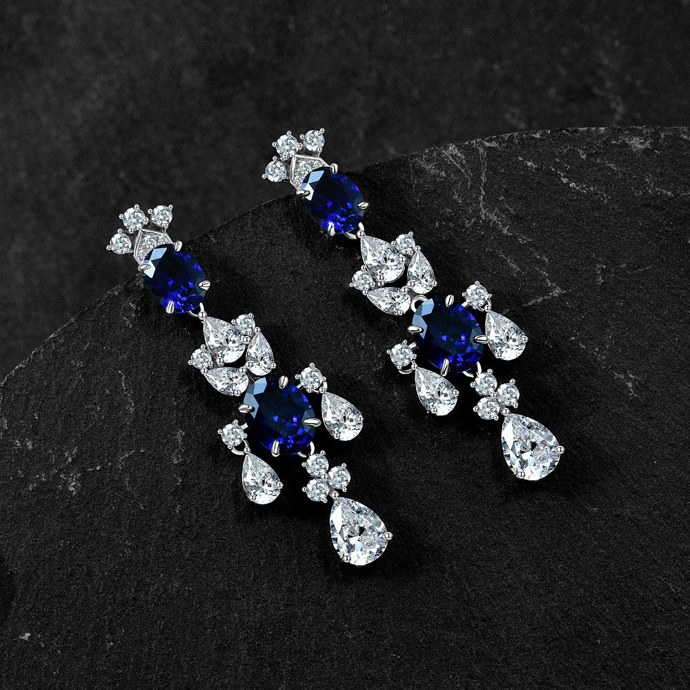 High-end jewelry egg-shaped 3-carat cultivated sapphire 7*9 earrings - long style, European-style luxurious and high-end earrings for women