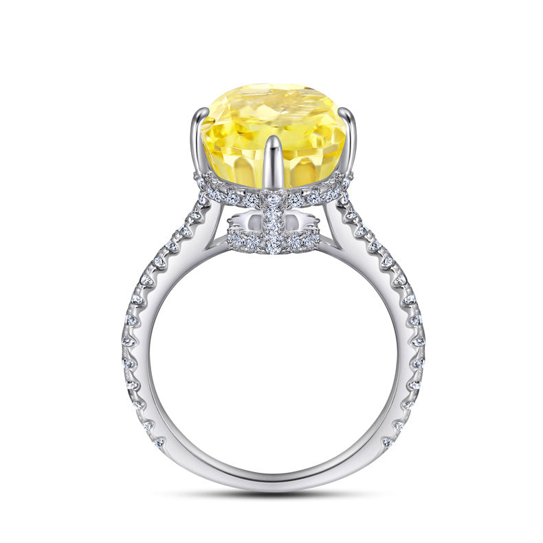 High-carat diamond ring, pigeon egg-shaped, oval colored gemstone, baby stone ring for women, light luxury S925 pure silver