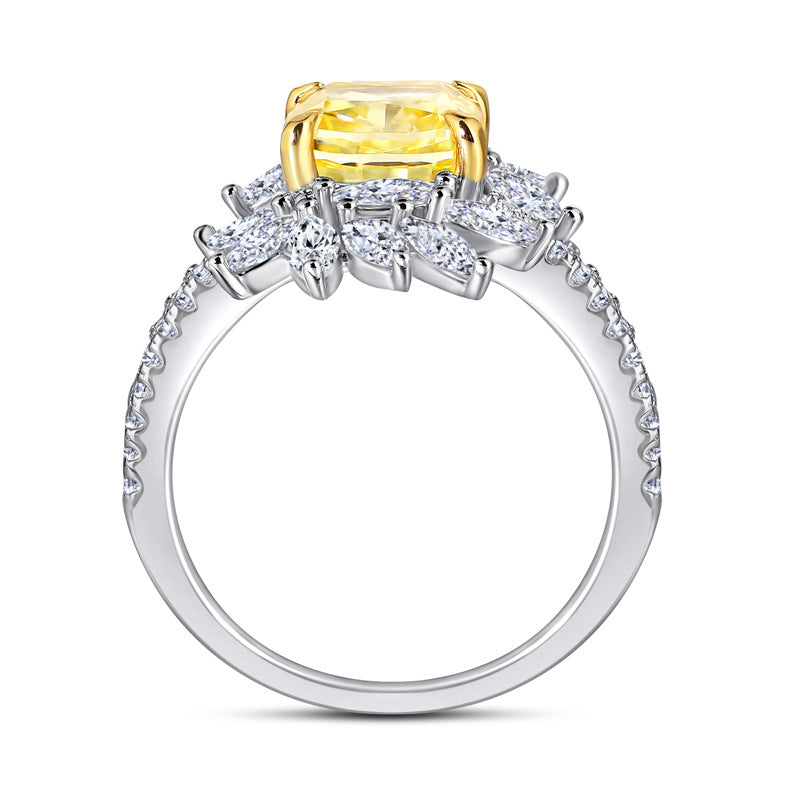 New S925 pure silver flower-shaped high-carat diamond row ring with gemstones - women's square-shaped colored gemstone ring