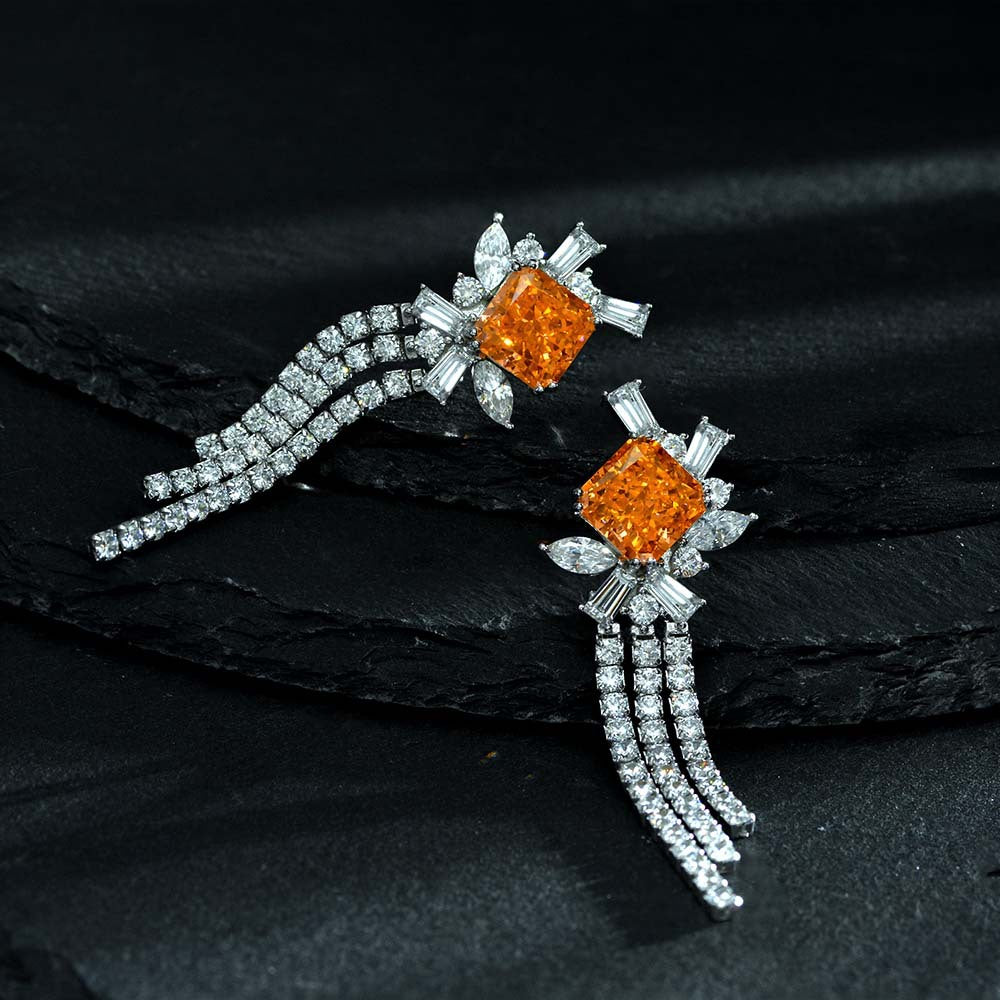 High-end jewelry long tassel earrings made of 925 silver, 5ct rose and orange diamonds, 10*10 ice flower cut high-carat diamonds, women's earrings