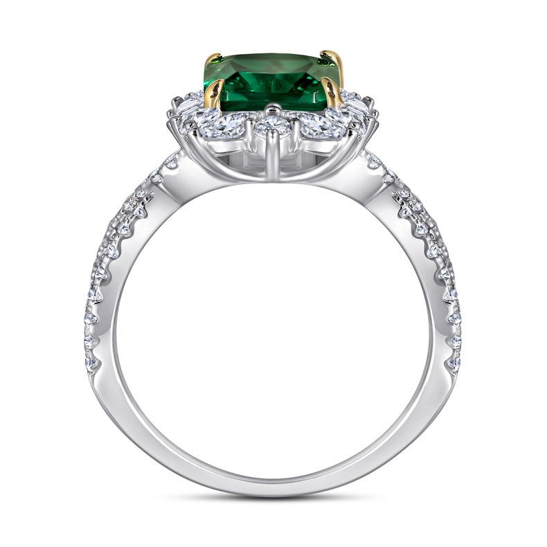 New S925 pure silver flower-shaped high-carat diamond emerald gemstone ring for women, oval-shaped precious stones