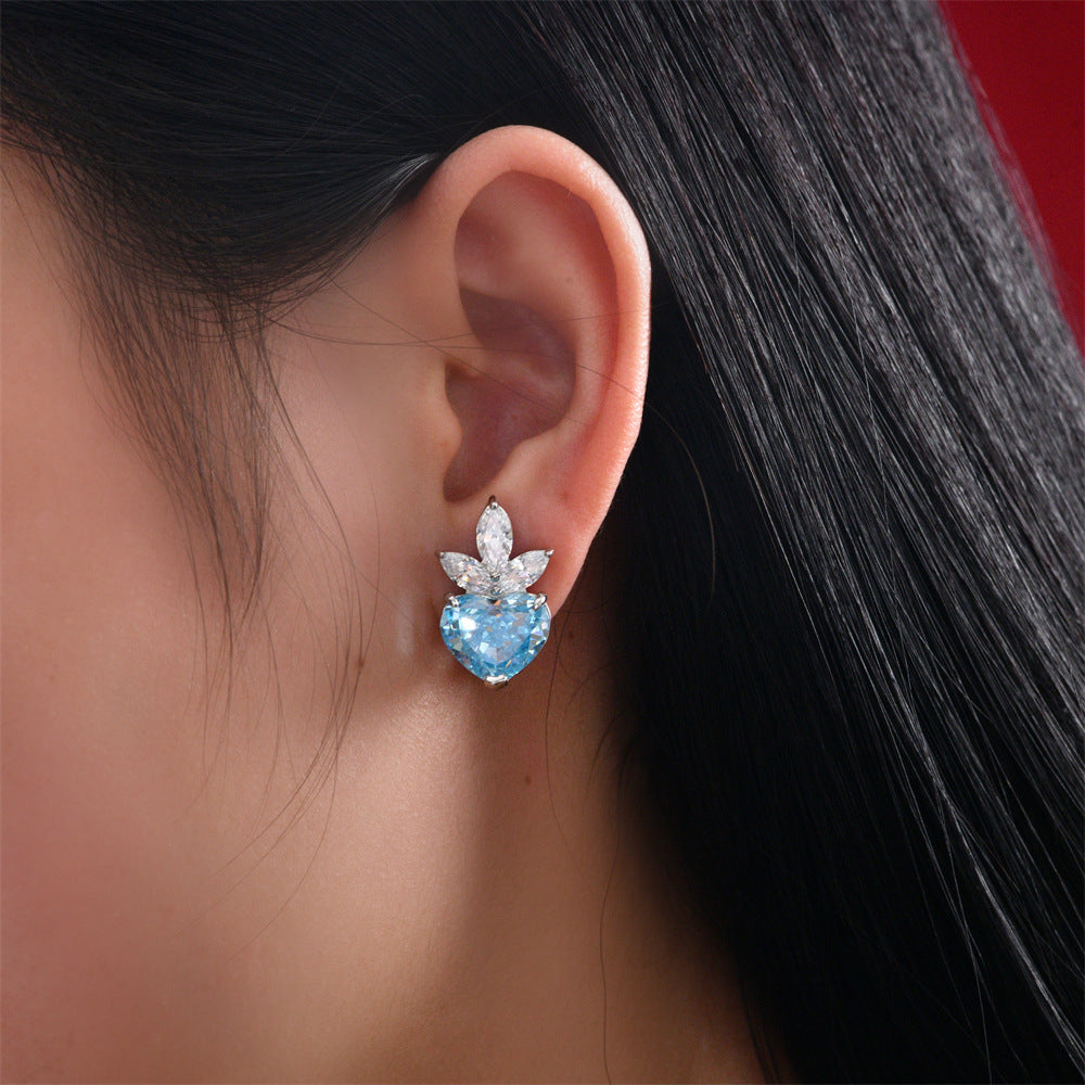 New 925 silver jewelry - 10-carat heart-shaped aquamarine - 10*12mm - No ear hole - Ear clip earrings for women
