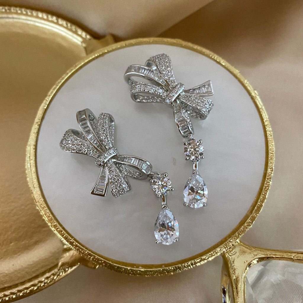 S925 silver bow-shaped stud earrings, 1 carat drop, 6*9 luxurious full diamond jewelry set
