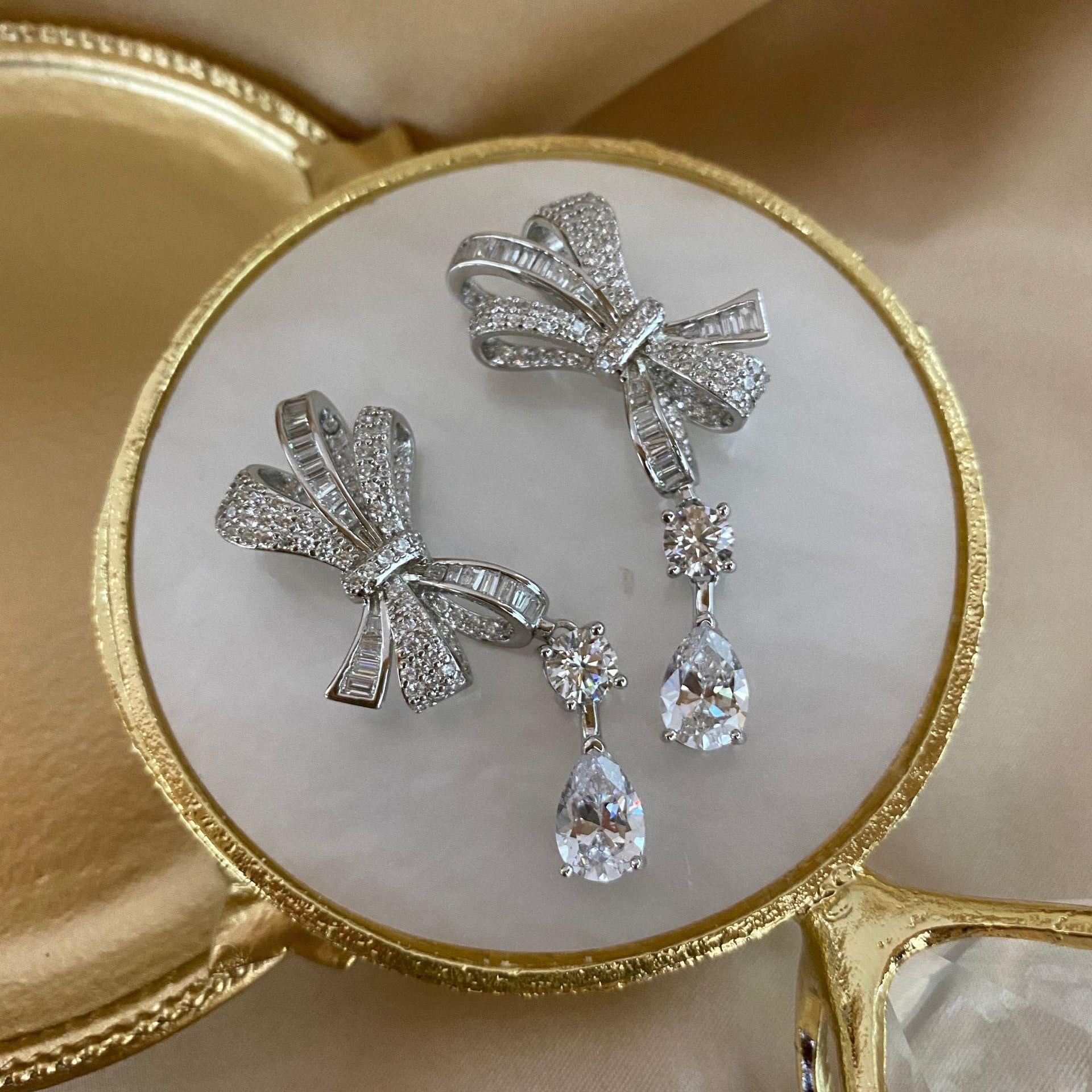 S925 silver bow-shaped stud earrings, 1 carat drop, 6*9 luxurious full diamond jewelry set