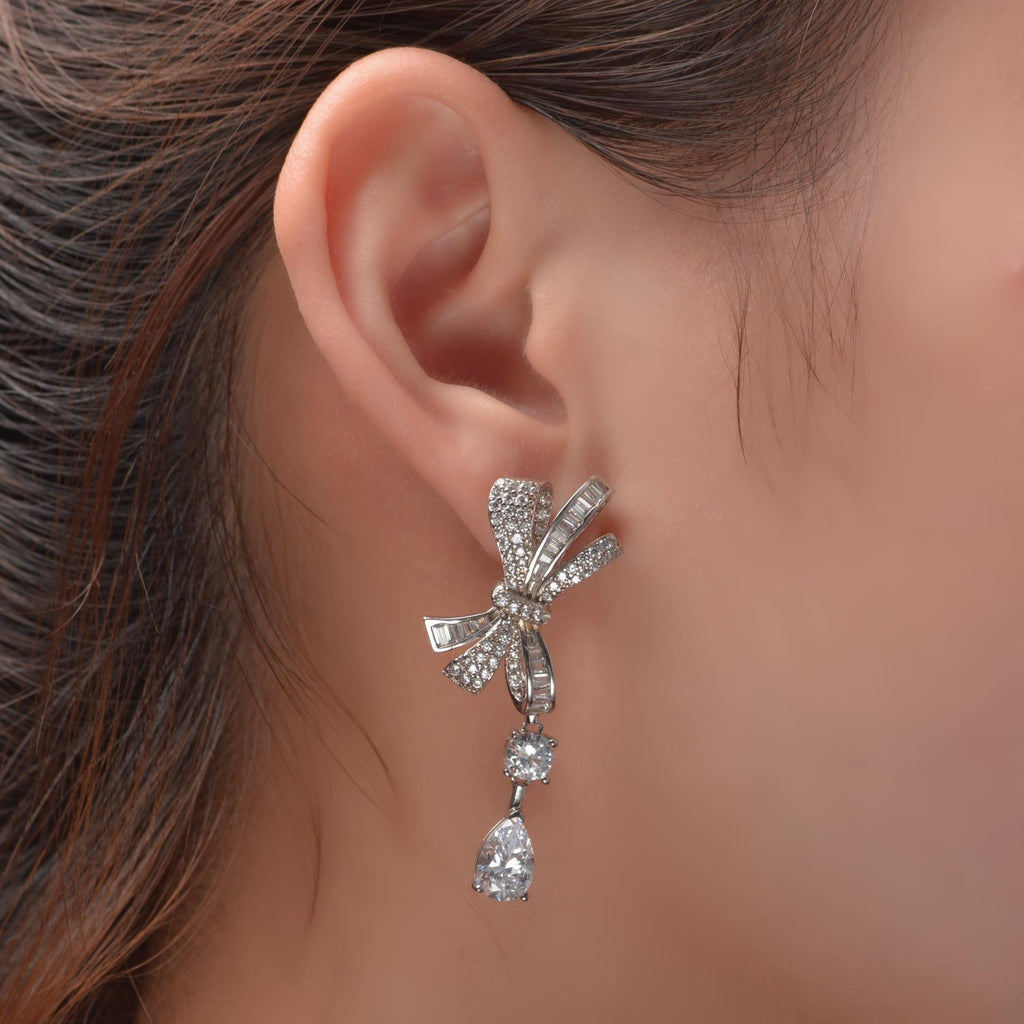 S925 silver bow-shaped stud earrings, 1 carat drop, 6*9 luxurious full diamond jewelry set