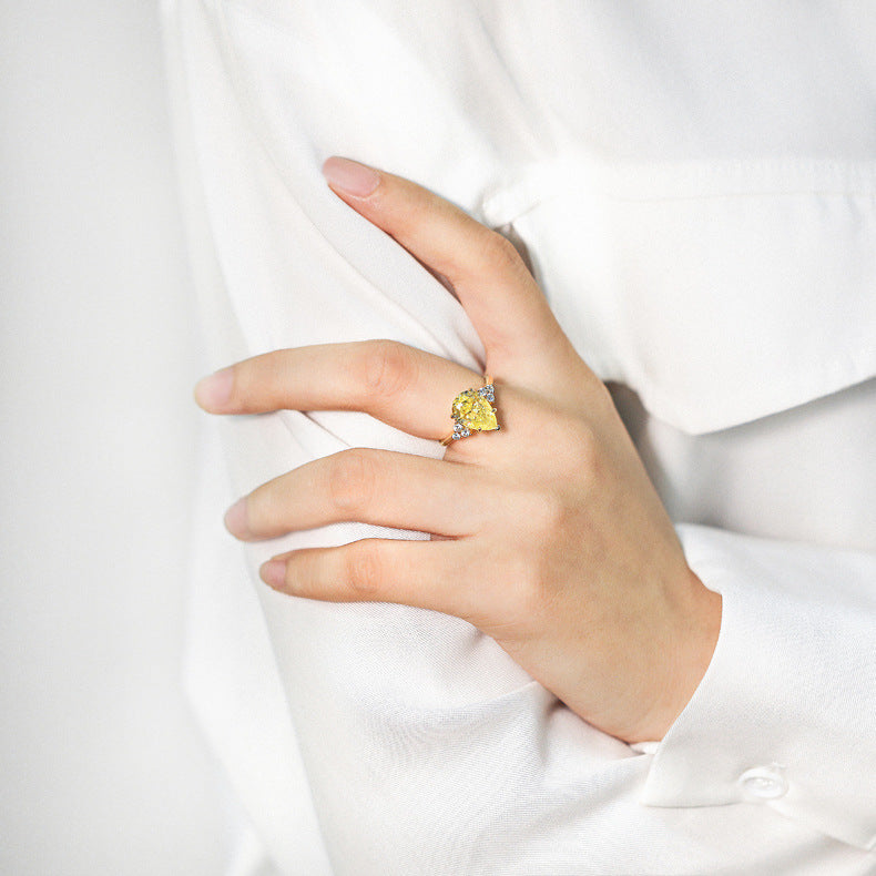 High-carbon water drop-shaped gemstone diamond ring, colored gemstone, ladies' S925 sterling silver ring, no color fading, light luxury, unique.
