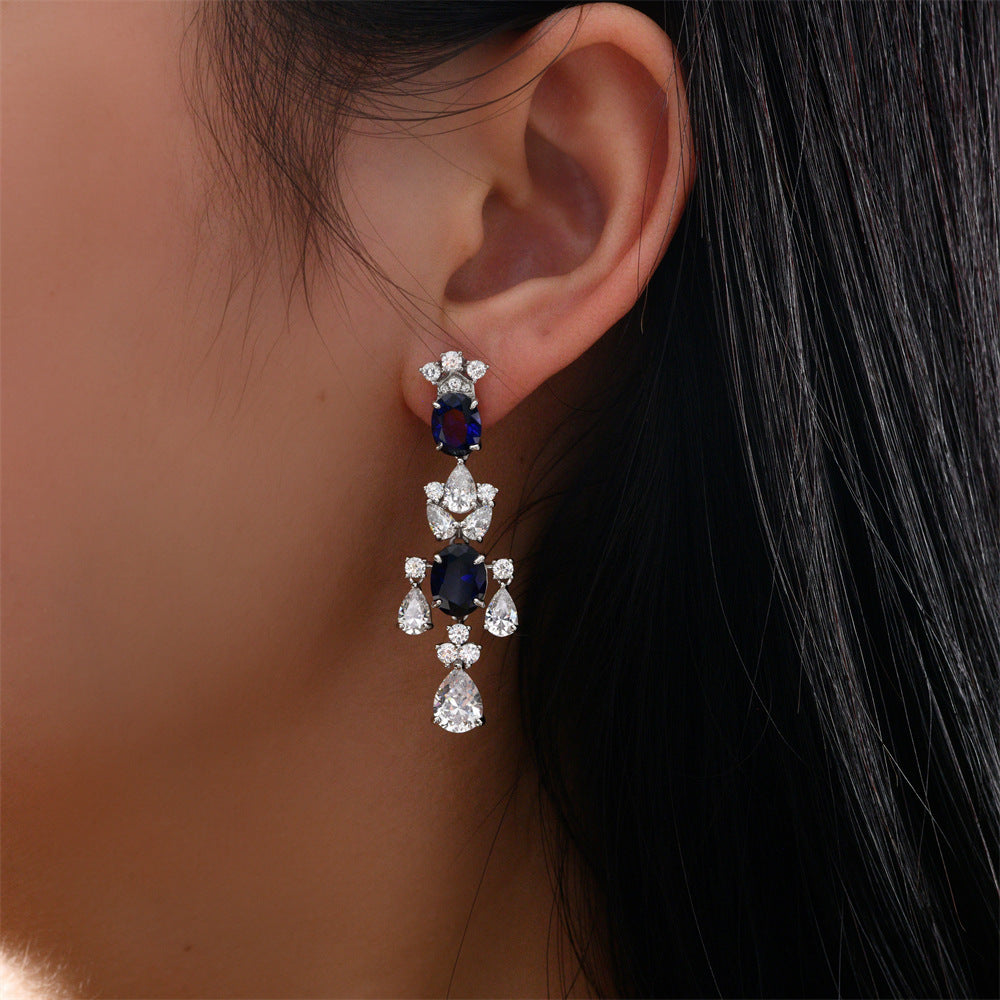 High-end jewelry egg-shaped 3-carat cultivated sapphire 7*9 earrings - long style, European-style luxurious and high-end earrings for women