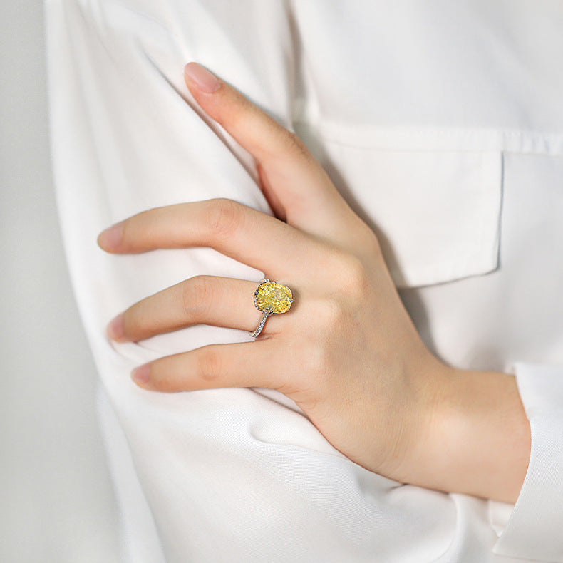 High-carat diamond ring, pigeon egg-shaped, oval colored gemstone, baby stone ring for women, light luxury S925 pure silver