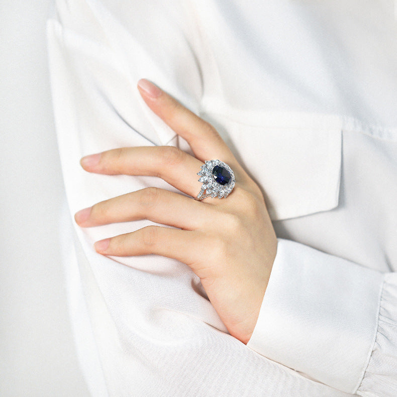 New S925 pure silver flower-shaped high-carat diamond and sapphire ring for women, oval-shaped gemstone accessory