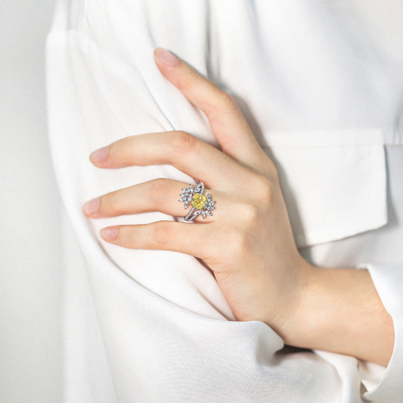 New S925 pure silver flower-shaped high-carat diamond row ring with gemstones - women's square-shaped colored gemstone ring