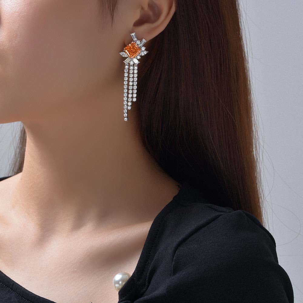 High-end jewelry long tassel earrings made of 925 silver, 5ct rose and orange diamonds, 10*10 ice flower cut high-carat diamonds, women's earrings