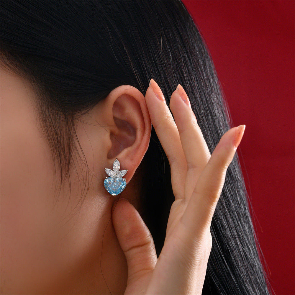 New 925 silver jewelry - 10-carat heart-shaped aquamarine - 10*12mm - No ear hole - Ear clip earrings for women