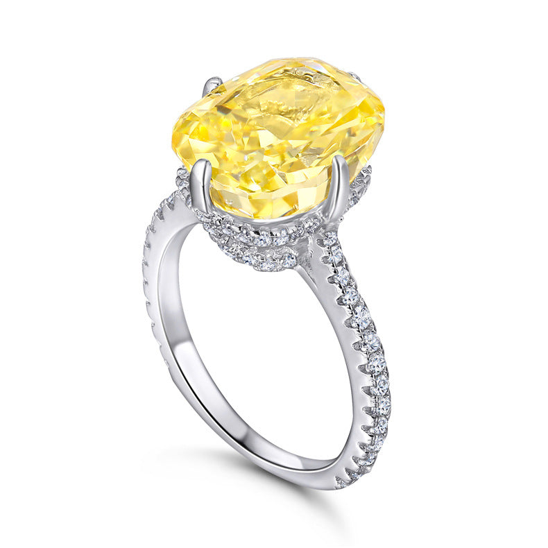 High-carat diamond ring, pigeon egg-shaped, oval colored gemstone, baby stone ring for women, light luxury S925 pure silver